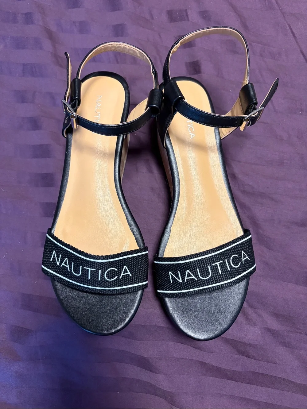 Nautica Soraya Black Cork Platform Wedge Sandals Logo Strap Women’s Size 9